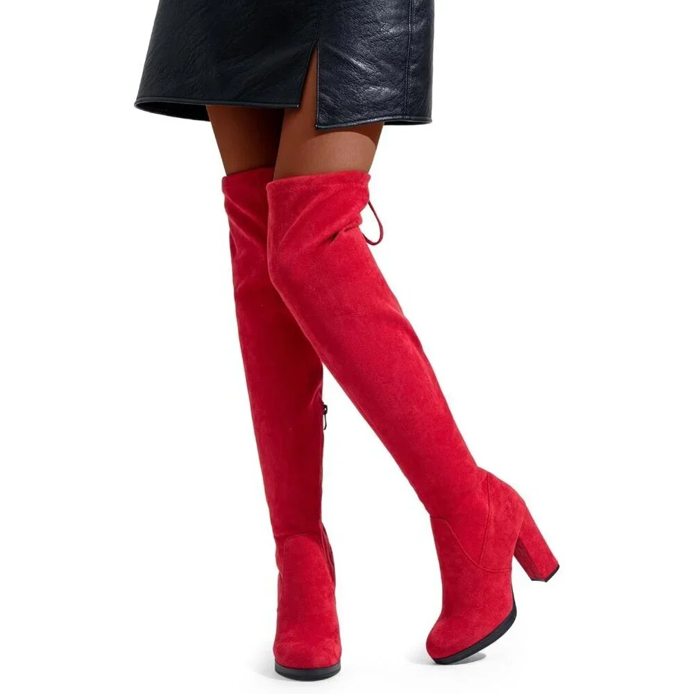Women's Red-imitation Grain Synthetic suede Thigh High Over The Knee Tall Boot